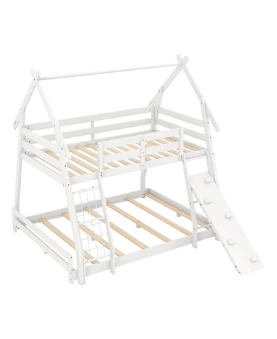 Twin Over Queen Bunk Bed Wooden Kids Bed with Climbing Nets and Ramp