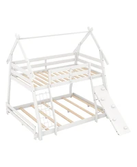 Twin Over Queen Bunk Bed Wooden Kids Bed with Climbing Nets and Ramp
