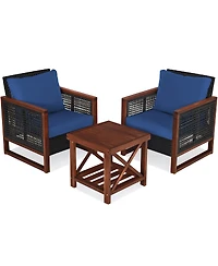 Gymax 3 Piece Outdoor Furniture Set Rattan Wicker Patio Conversation Set w/ Cushion