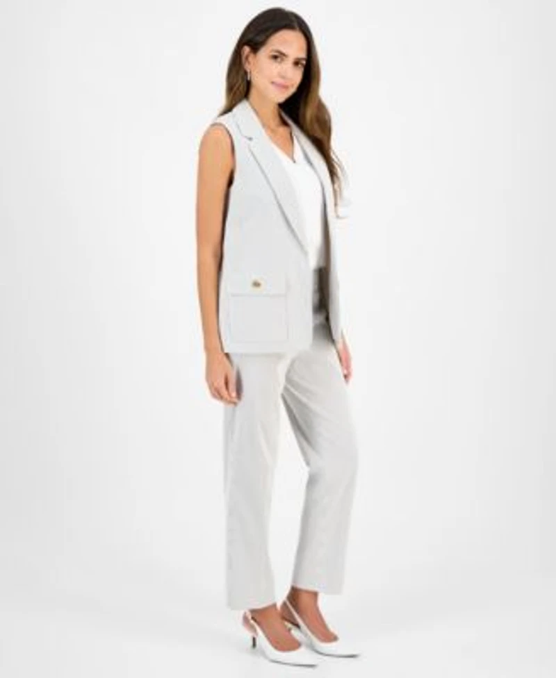 Kasper Womens Pinstriped Vest V Neck Top Pinstriped Pants
