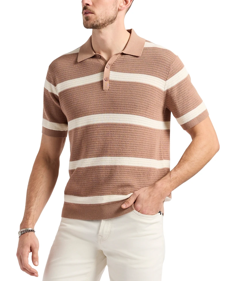 Men's Winder Short Sleeve Textured Striped Polo Sweater
