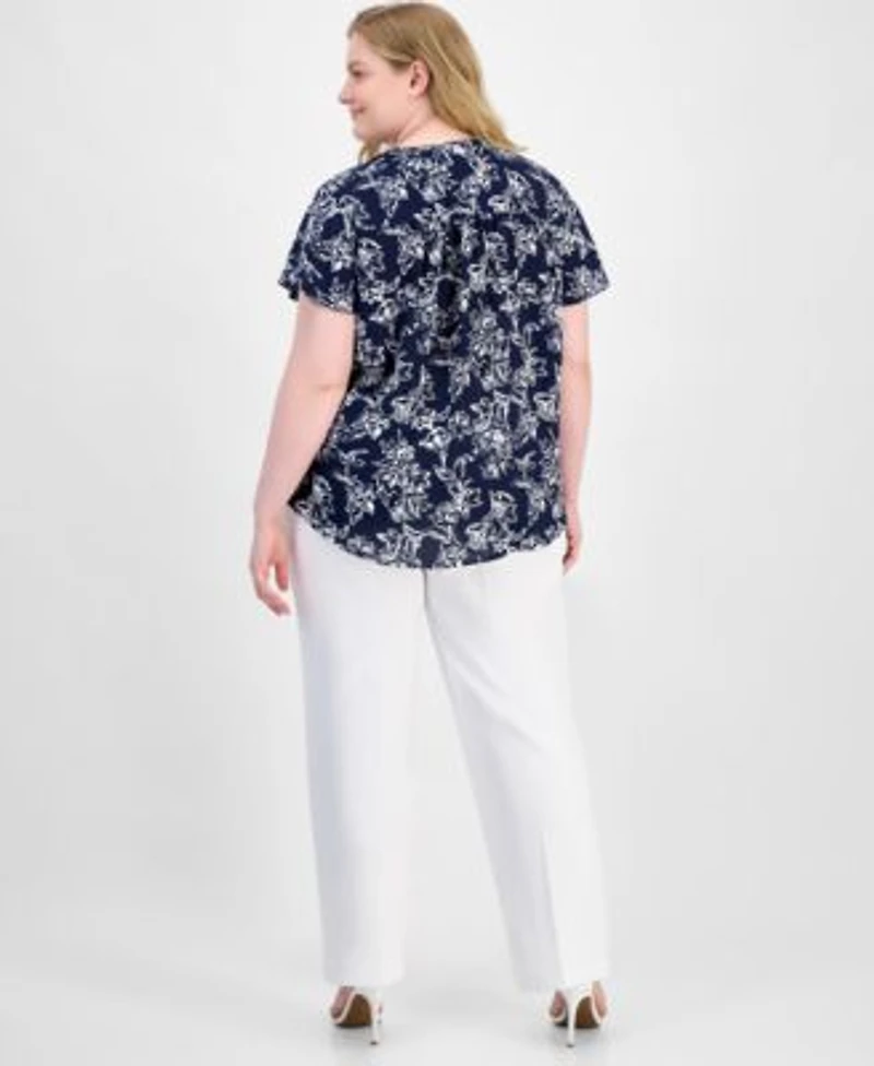 Ak Anne Klein Plus Size Flutter Sleeve Top Crepe Pull On Pants