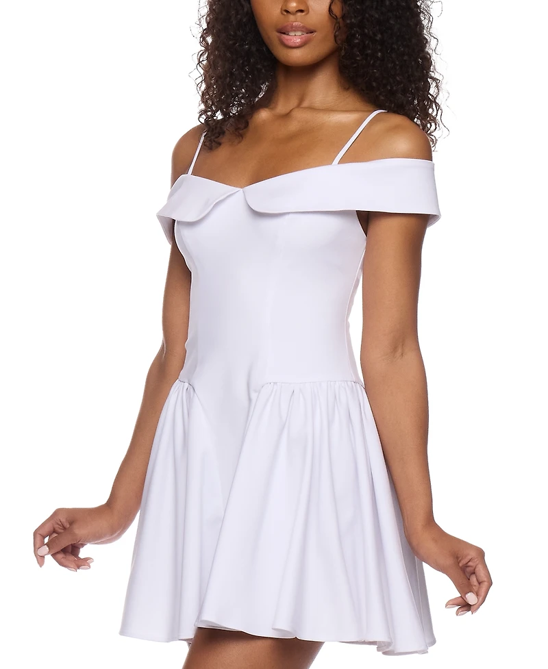 B Darlin Juniors' Sweetheart Spaghetti-Strap Cold-Shoulder Twill Fit & Flare Dress