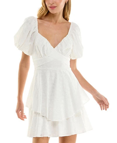 Crystal Doll Juniors' Embroidered Eyelet Puff-Sleeve Dress
