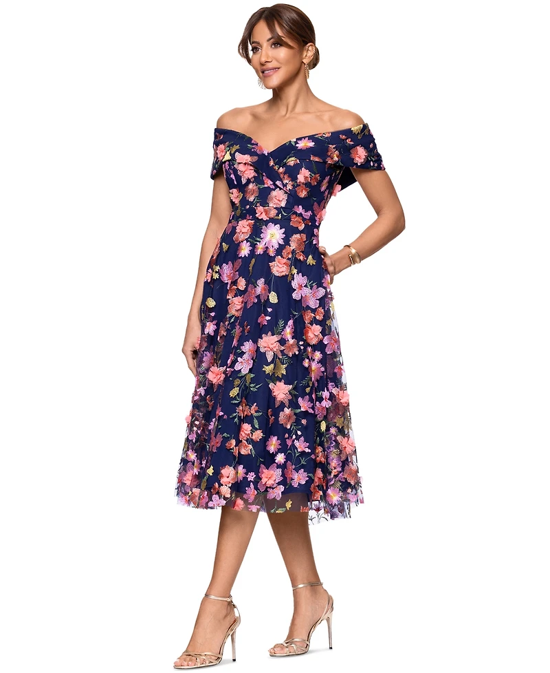 Xscape Women's Off-The-Shoulder Embroidered Floral Dress