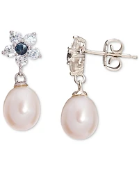 Baroque Cultured Freshwater Pearl (9x7mm), Sapphire (1/3 ct. t.w.) & Cubic Zirconia Flower Pendant Necklace & Drop Earrings Set in Sterling Silver