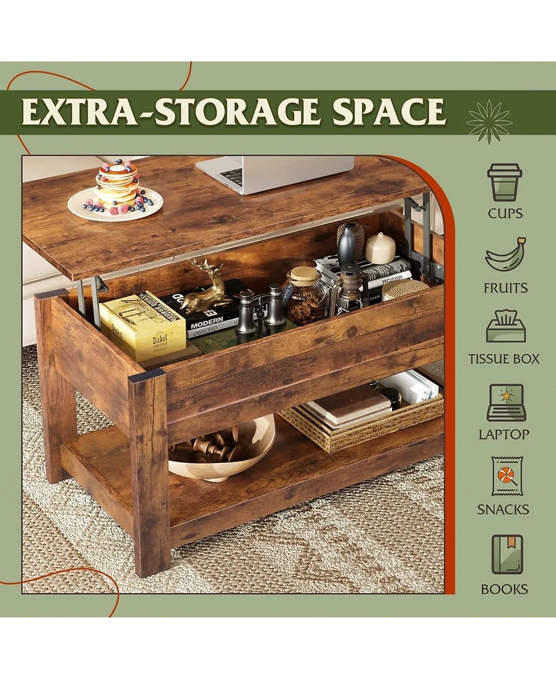 Wlive Modern Lift Top Coffee Table,Rustic Coffee Table with Storage Shelf and Hidden Compartment,Wood Lift Tabletop for Home Living Room,Rustic Brown.