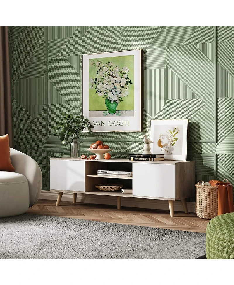 Wlive Tv Stand for 55 60 inch Boho Entertainment Center with Storage Cabinets Console Living Room Decor