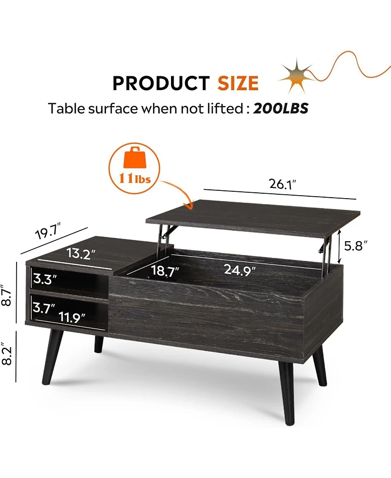 Wlive Wood Lift Top Coffee Table with Hidden Compartment and Adjustable Storage Shelf, Lift Tabletop Dining Table for Home Living Room, Office