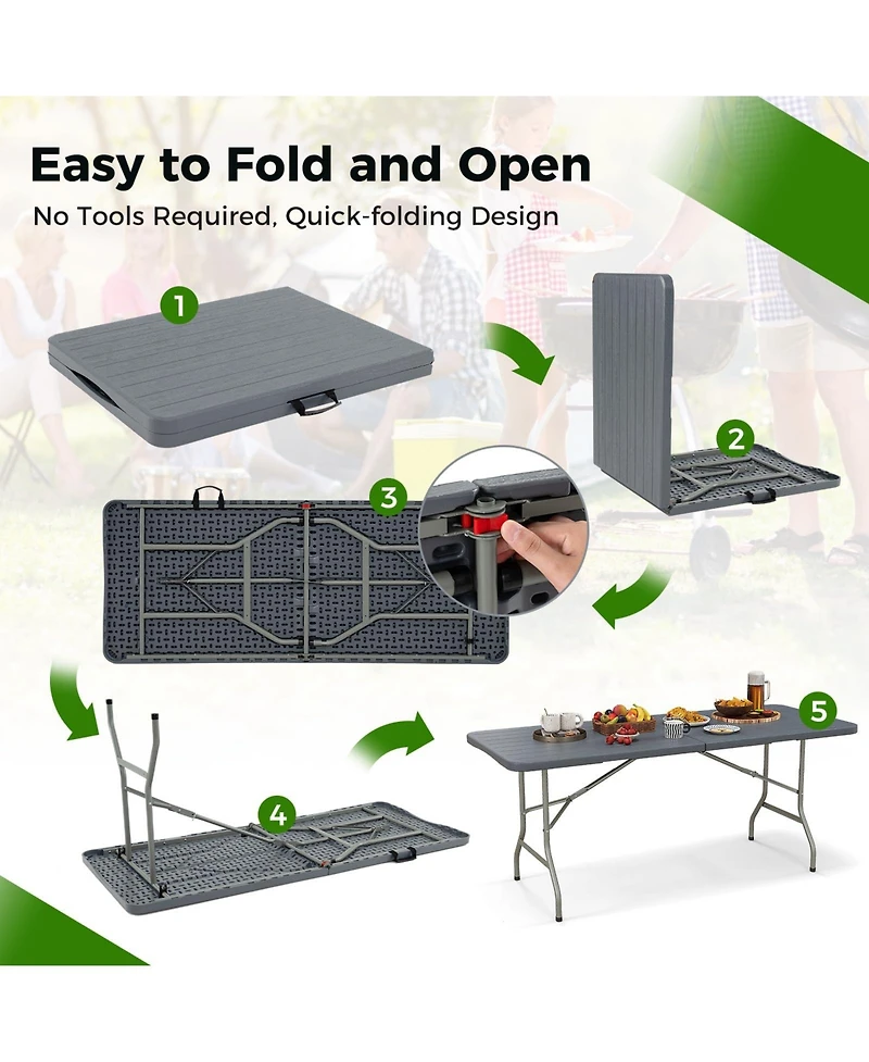 6 ft Portable Folding Table 350 Lbs Fold-in-Half Table with Hdpe Tabletop