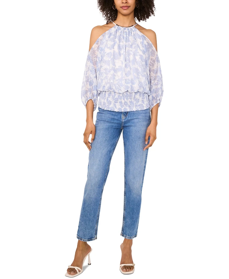 Sam & Jess Women's Printed Off-the-Shoulder Halter-Neck 3/4-Sleeve Blouse
