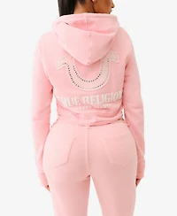 True Religion Women's Raw Edge Big T Shrunken Hoodie Sweatshirt