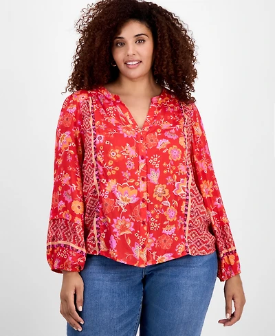 Liverpool Plus Printed Blouson-Sleeve Button-Front Blouse