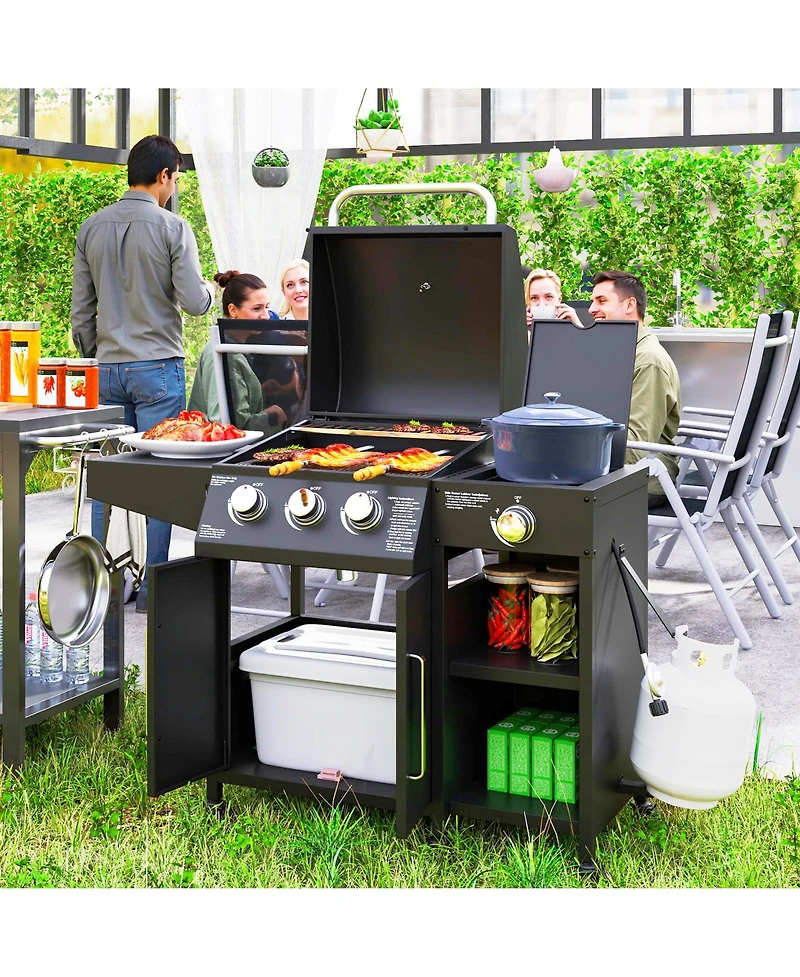 Outsunny 3 Burner Gas Grill with Side Burner and Shelves, Propane Bbq Grill