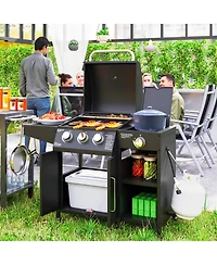 Outsunny 3 Burner Gas Grill with Side Burner and Shelves, Propane Bbq Grill