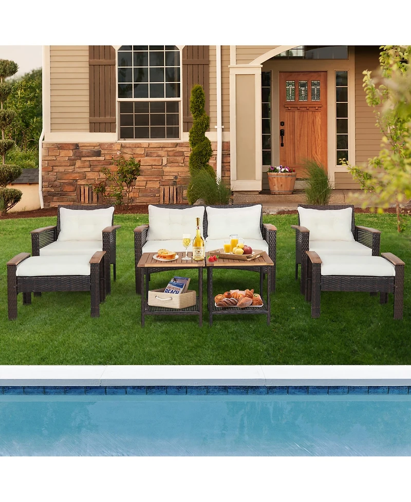Gymax 7 Piece Outdoor Wicker Conversation Set Patio Rattan Sofa Set w/ Coffee Tables Cushions