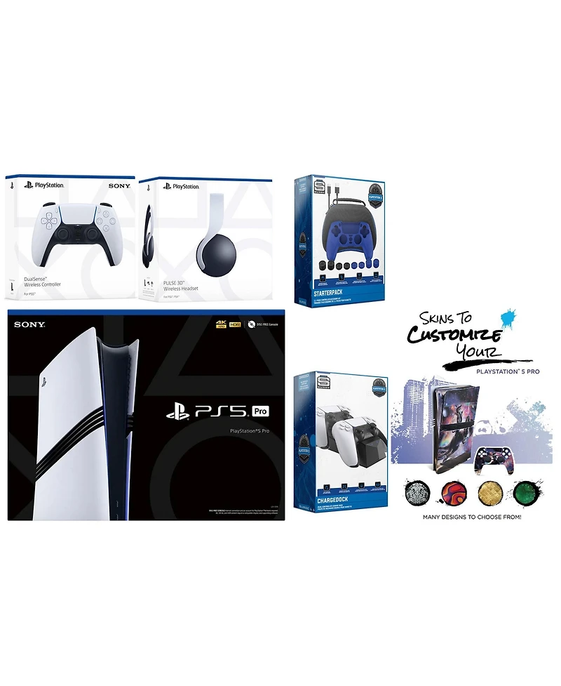 Sony Playstation 5 Pro Bundle with White Pulse Headset, Extra Controller, Pro Gamer Kit, Dual Charge Dock and MightySkins Decal Voucher Plus 2 Year Cp