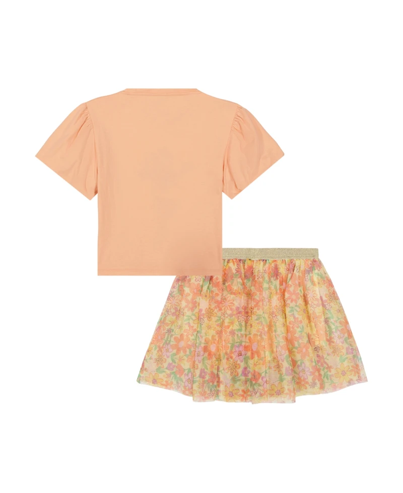 Kids Headquarters Toddler and Little Girls 2-Piece Puff Sleeve Jersey Top Floral Print Tulle Skort Set