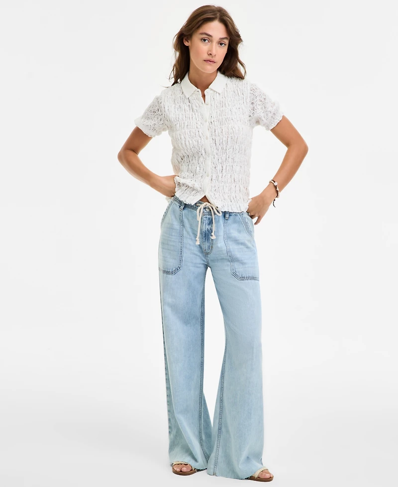 Lucky Brand Women's Patch Pocket Drawstring-Waist Wide-Leg Jeans
