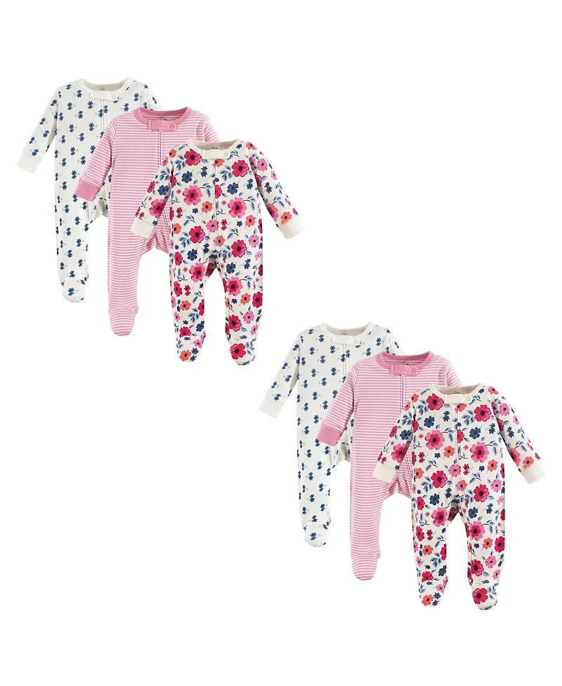 Touched by Nature Baby Girls Organic Cotton Sleep and Play, Garden Floral 6-Piece, 6-9 Months
