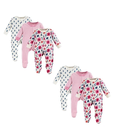 Touched by Nature Baby Girls Organic Cotton Sleep and Play, Garden Floral 6-Piece, 6-9 Months