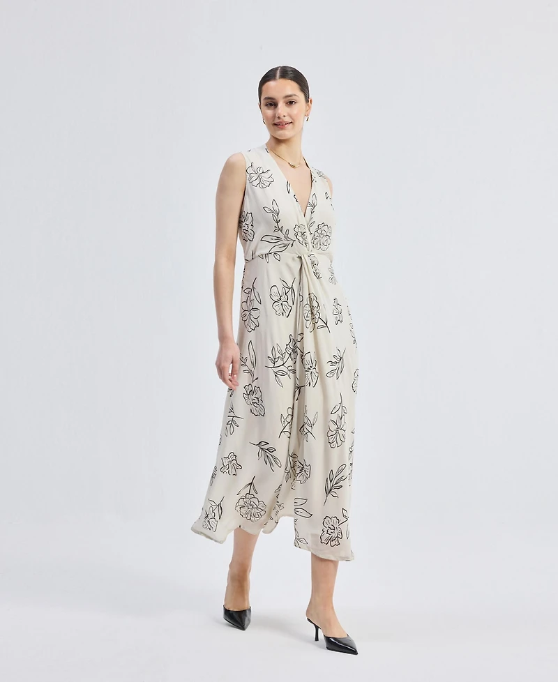 Reistor Women's Front Twist Midi dress Black Florals