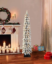 Puleo Pre-Lit Flocked Pencil Alpine Artificial Christmas Tree with 70 Lights, 5'