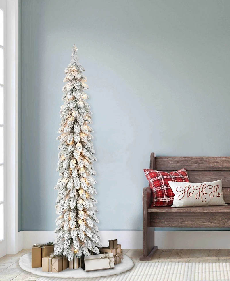Puleo 6FT Pre-Lit Flocked Alpine Pencil Artificial Christmas Tree