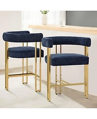 Set of 2 Counter Height Stools, 25" Upholstered Chairs with Gold Metal Legs, Curved Back & Armrests-Maison Boucle
