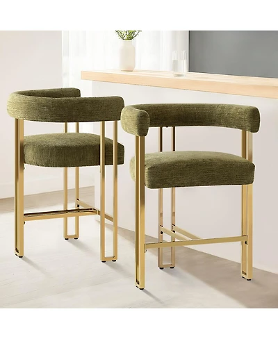 Set of 2 Counter Height Stools, 25" Upholstered Chairs with Gold Metal Legs, Curved Back & Armrests-Maison Boucle