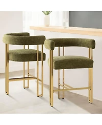 Set of 2 Counter Height Stools, 25" Upholstered Chairs with Gold Metal Legs, Curved Back & Armrests-Maison Boucle