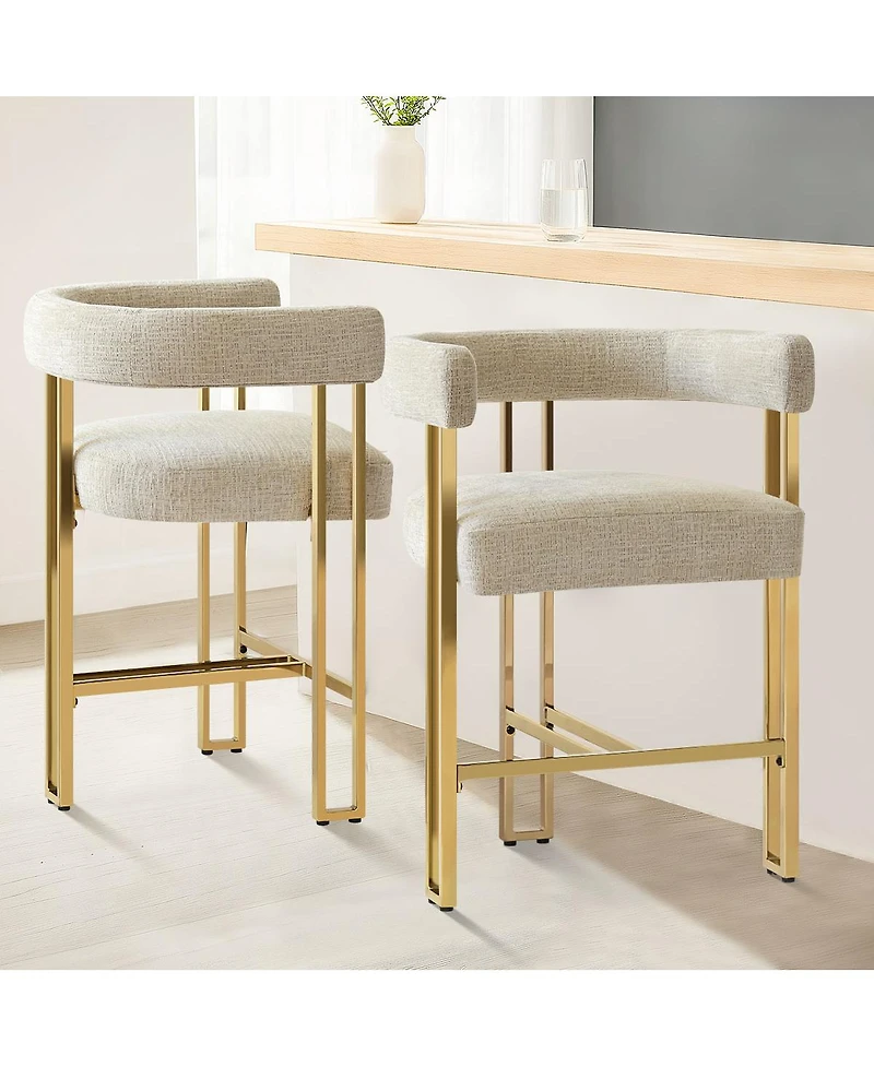 Set of 2 Counter Height Bar Stools, 25" Upholstered Chairs with Gold Metal Legs, Curved Back & Armrests-Maison Boucle