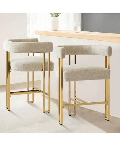 Set of 2 Counter Height Bar Stools, 25" Upholstered Chairs with Gold Metal Legs, Curved Back & Armrests-Maison Boucle