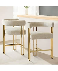 Set of 2 Counter Height Bar Stools, 25" Upholstered Chairs with Gold Metal Legs, Curved Back & Armrests-Maison Boucle