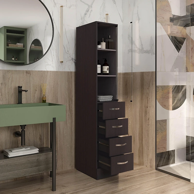 Magna Linen Cabinet, Three Shelves, Four Drawers, Black