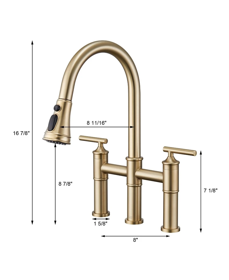 Bridge Kitchen Faucet with Pull Down Sprayer 3 Holes Double Handle Brass Faucets, Brushed Nickel