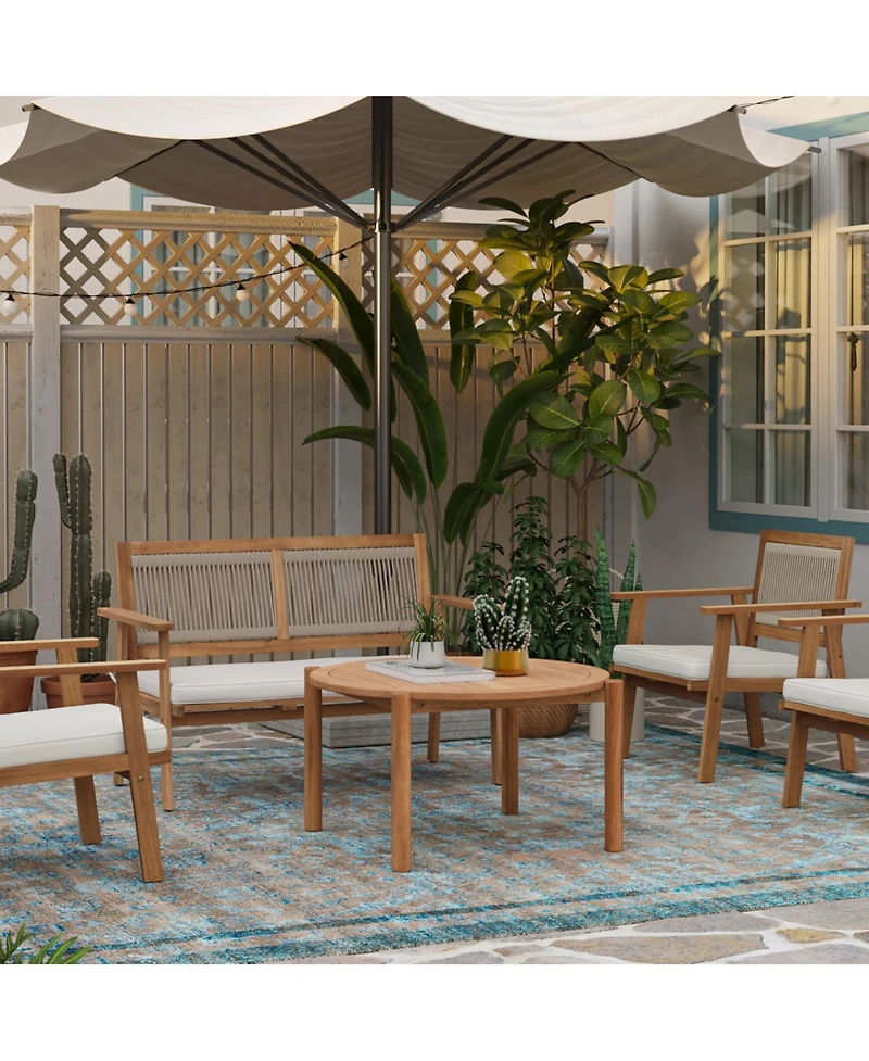 LuxenHome Natural Wooden Outdoor Coffee Table, Round Solid Wood Patio Table