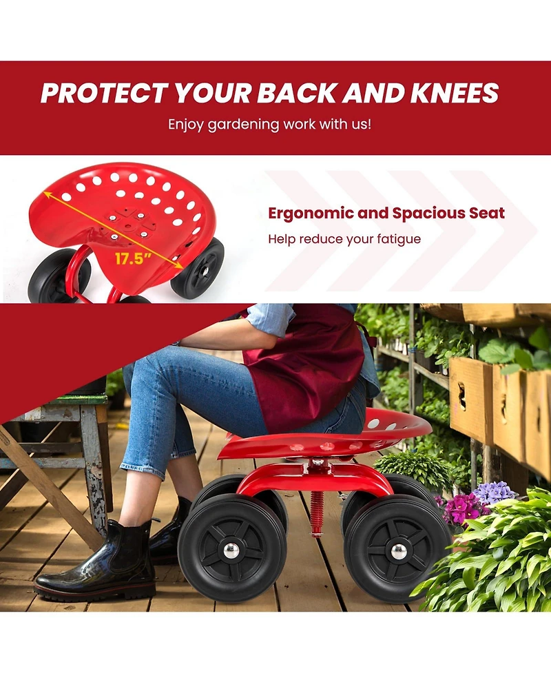 Garden Rolling Workseat with 360° Swivel Seat and Adjustable Height