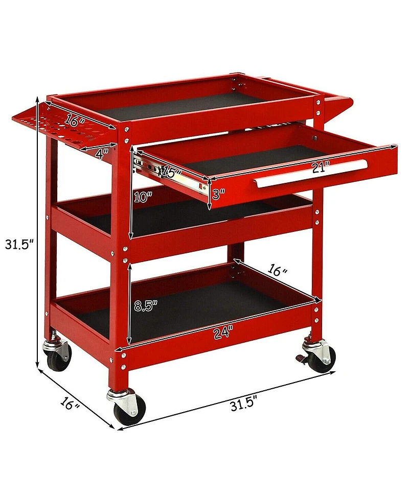 3-Tray Tool Cart with Drawer and 4 Universal Wheels