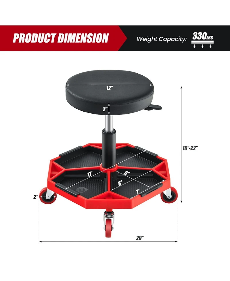 330 Lbs Capacity Pneumatic Rolling Mechanic Stool with Padded Seat