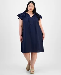 Robbie Bee Plus Size Flutter-Sleeve Tie-Neck Shift Dress