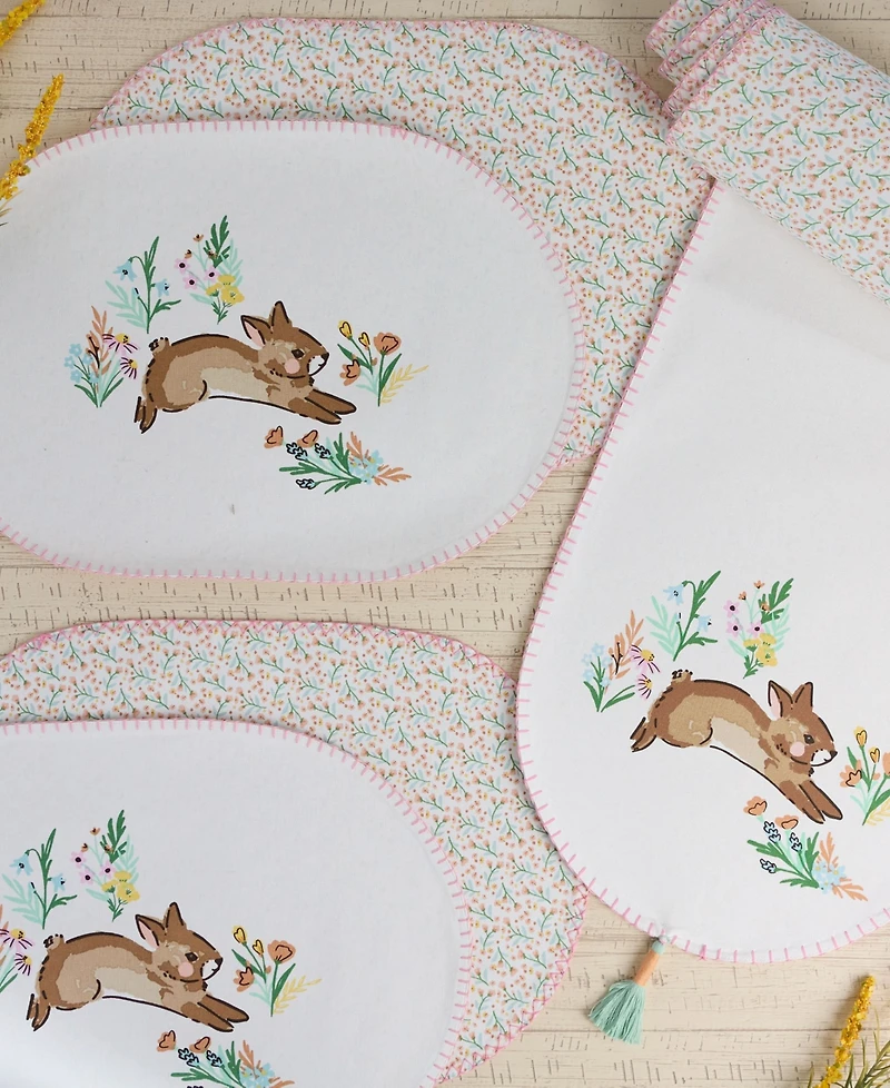 Design Imports Spring Bunny Embellished Cotton Table Runner and Placemats Set