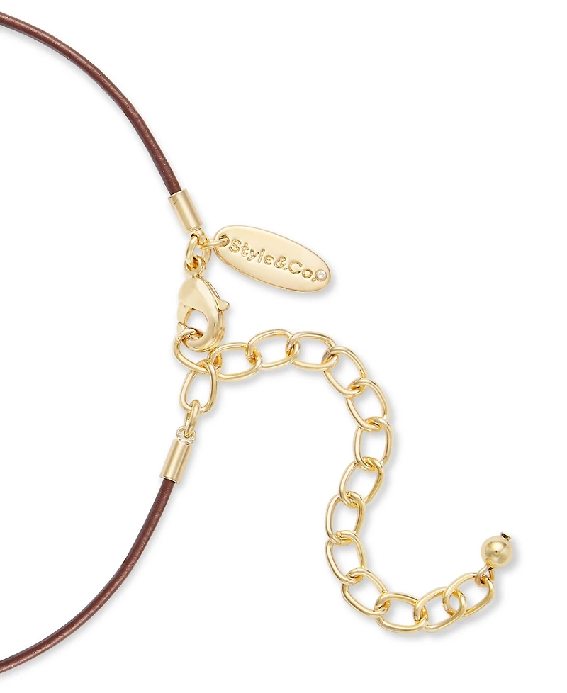 Style & Co Gold-Tone Hammered Sculptural Leather Pendant Necklace, 32" + 3" extender, Exclusively at Macy's