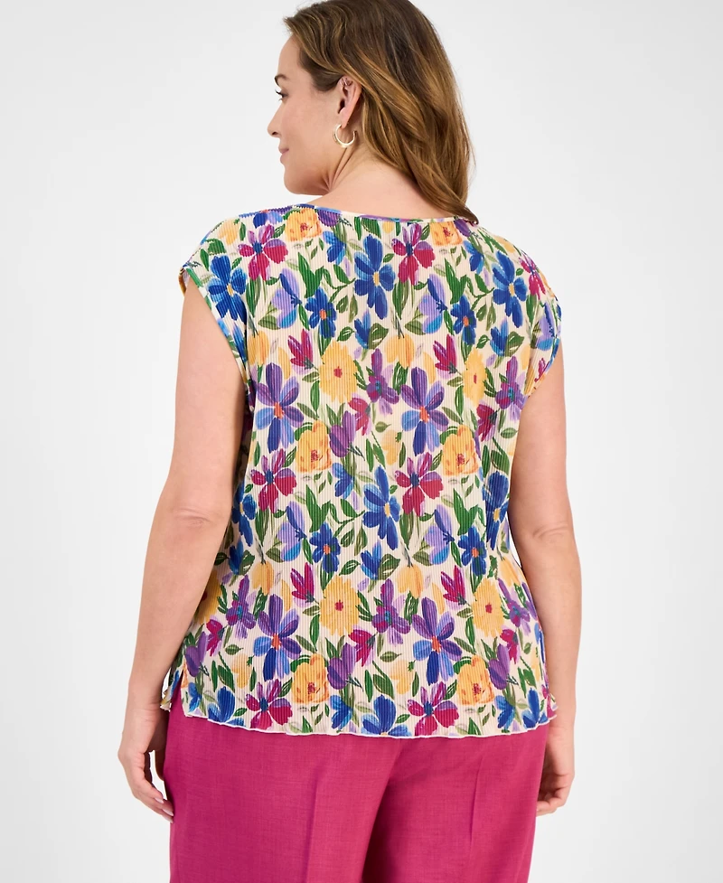 Tahari Asl Plus Floral Plisse Sleeveless Blouse