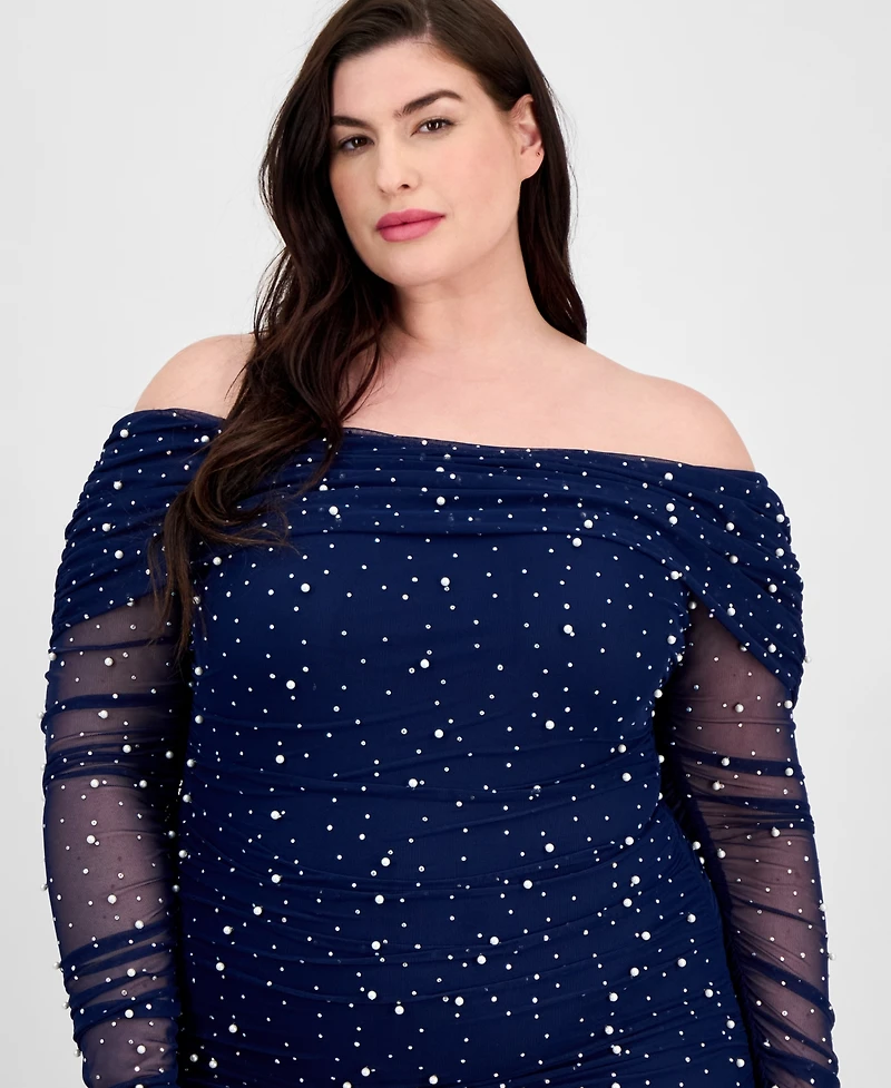 B Darlin Trendy Plus Off-The-Shoulder Pearl Gown