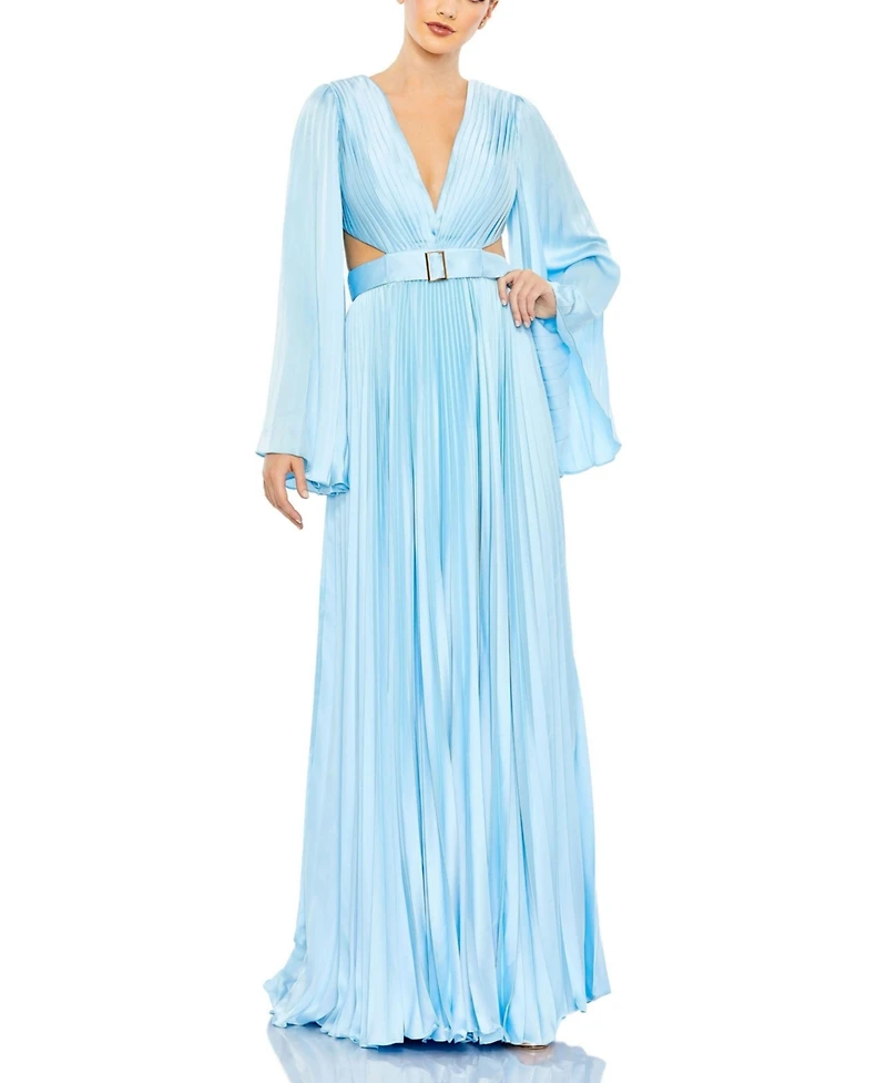 Mac Duggal Women's Long Sleeve Lace up Back Charmeuse Gown