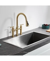 Bridge Kitchen Faucet with Pull Down Sprayer 3 Holes Double Handle Brass Faucets, Brushed Nickel