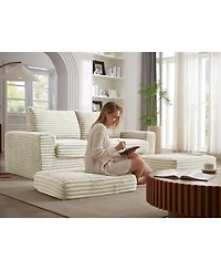Luxurious Sectional Sofa,Corduroy L-Shaped Couch with Movable Ottoman, Oversized Comfy Couch with Zippered Backrest (Beige)