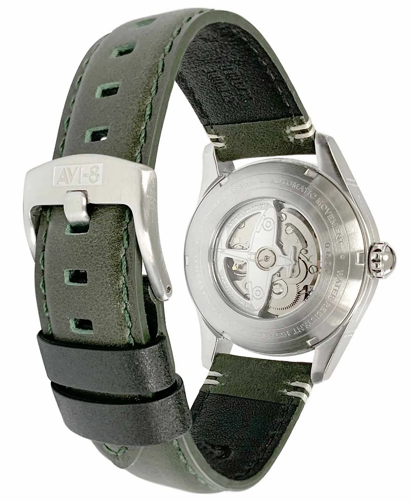 Avi-8 Men's Spitfire Smith Automatic Green Leather Strap Watch, 42mm