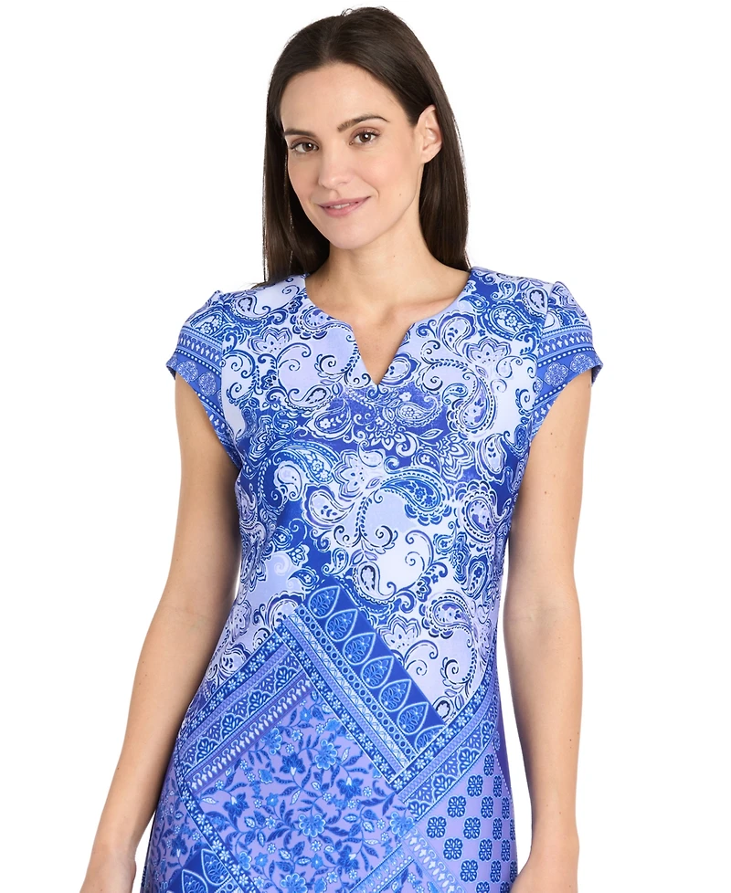 R & M Richards Petite Printed Split-Neck Cap-Sleeve Dress
